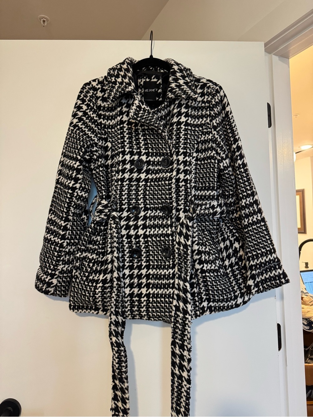 ME JANE Black & White Houndstooth Double-Breasted Peacoat with Belt